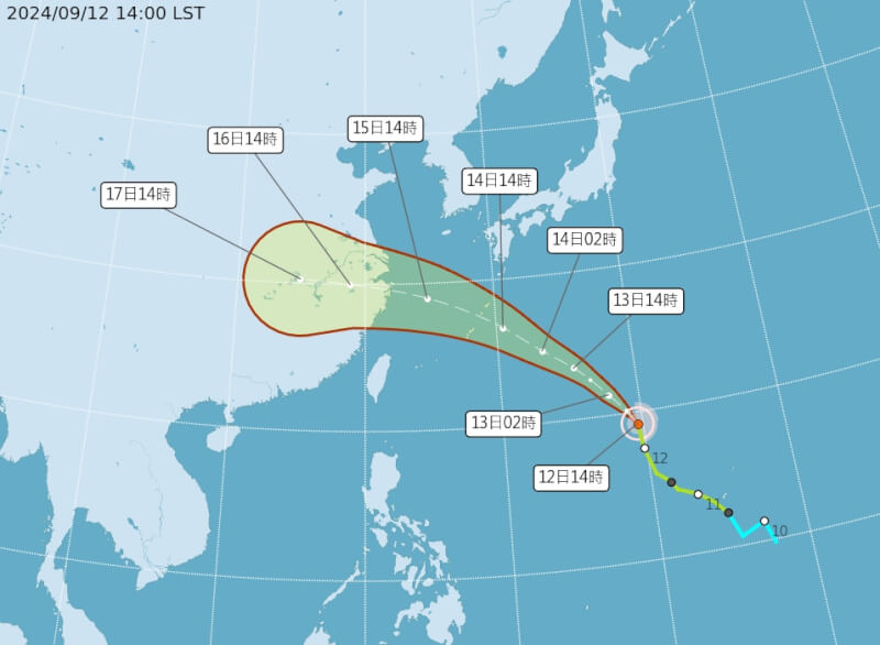 中央氣象署指出，颱風貝碧佳離台灣最近的時間點預估在15日及16日。（圖取自氣象署網頁cwa.gov.tw）