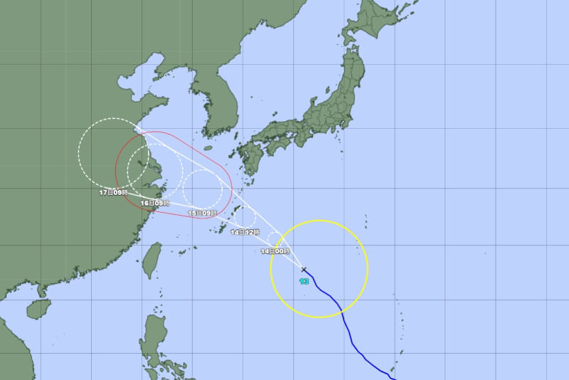 日本氣象廳預測，颱風貝碧佳14日傍晚起將接近奄美地區與沖繩地區，恐颳起狂風。（圖取自日本氣象廳網頁jma.go.jp）