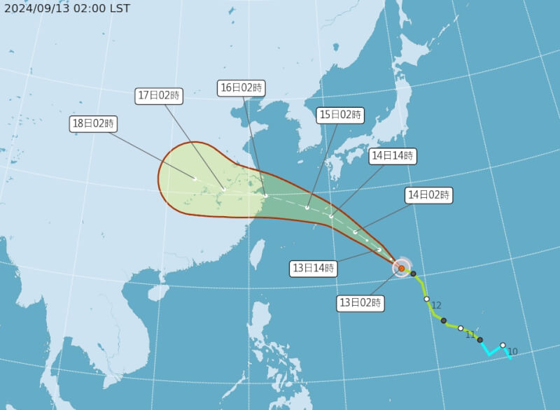 中央氣象署指出，颱風貝碧佳離台灣最近的時間點預估在15日及16日。（圖取自氣象署網頁cwa.gov.tw）