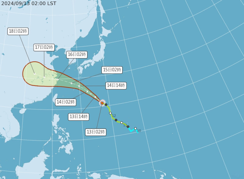 中央氣象署指出，颱風貝碧佳離台灣最近的時間點預估在15日及16日。（圖取自氣象署網頁cwa.gov.tw）