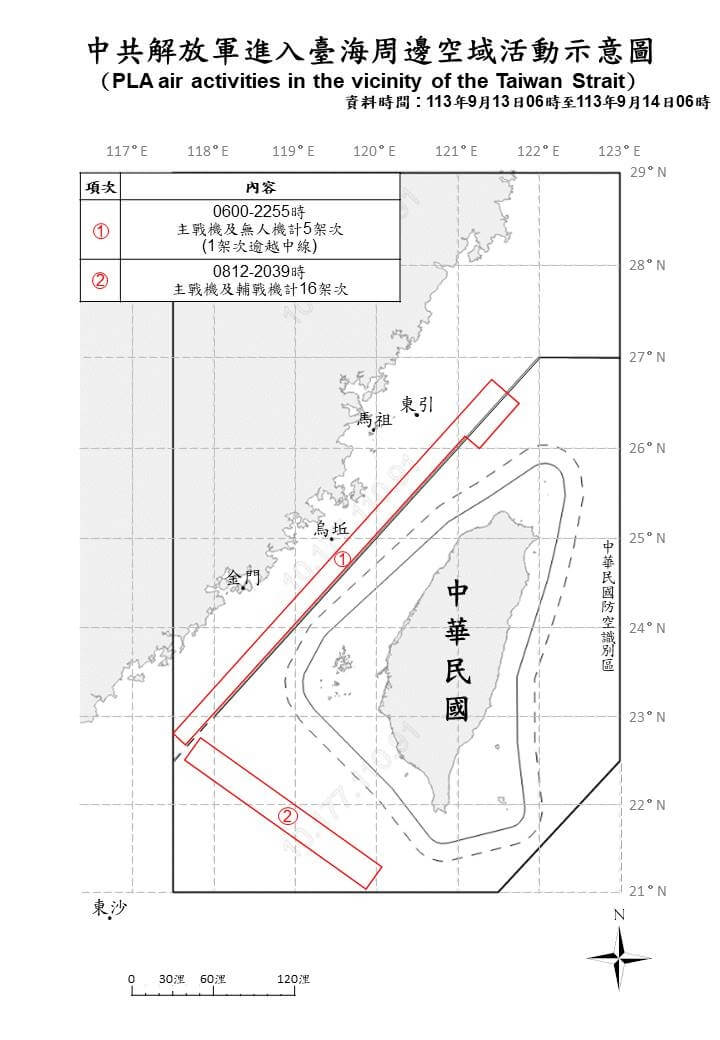 國防部表示，自13日上午6時至14日上午6時，總計中共28機艦船持續在台海周邊活動。（圖取自國防部網頁mnd.gov.tw）