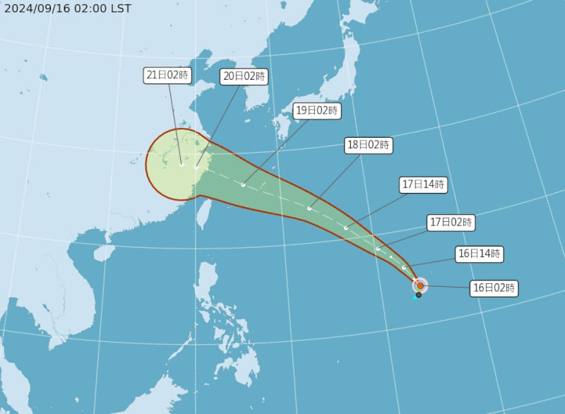 圖為16日凌晨2時颱風葡萄桑路徑潛勢預報。(圖取自氣象署網頁cwa.gov.tw)