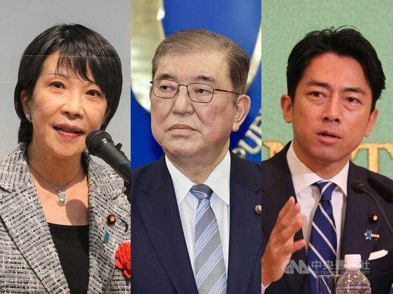 日媒調查，目前日本自民黨總裁選舉候選人中，高市早苗（左起）、石破茂及小泉進次郎3人暫居上位。（中央社檔案照片）