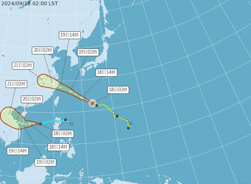 颱風葡萄桑(上)凌晨2時位於台北東南東方1250公里海面上;位於南海的熱帶性低氣壓(下),有增強為輕度颱風趨勢。(圖取自中央氣象署網頁cwa.gov.tw)