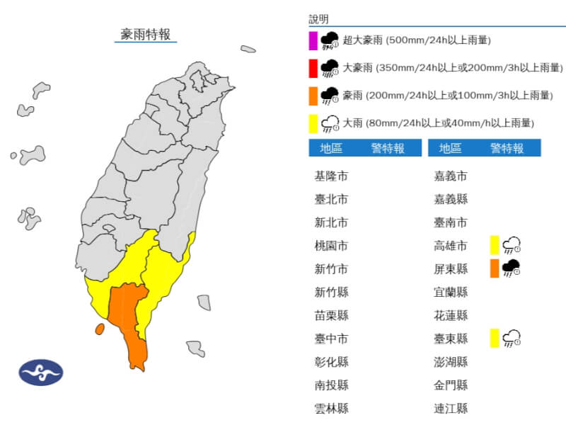 氣象署指出20日屏東縣有局部大雨或豪雨,高雄及臺東地區有局部大雨發生的機率(圖取自氣象署網頁cwb.gov.tw)