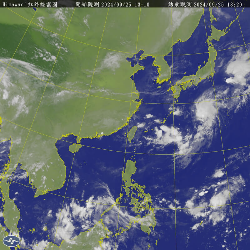 圖為25日下午1時10分衛星雲圖。(圖取自氣象署網頁cwa.gov.tw)