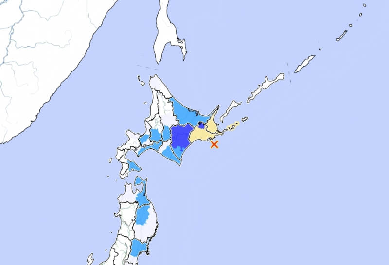 日本北海道26日下午4時1分觀測到規模5.7地震，震央在北海道釧路外海。（圖取自日本氣象廳網頁jma.go.jp）