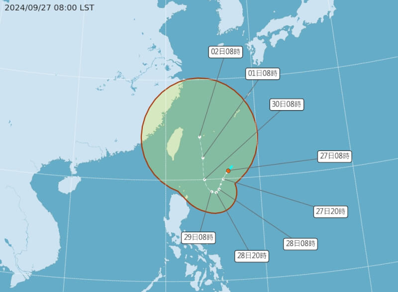 原位於琉球南方海面的低氣壓，27日清晨增強為第22號熱帶性低氣壓，短期內亦有發展為颱風趨勢，預估下週一至三為影響最明顯的時候。（圖取自氣象署網頁cwb.gov.tw）