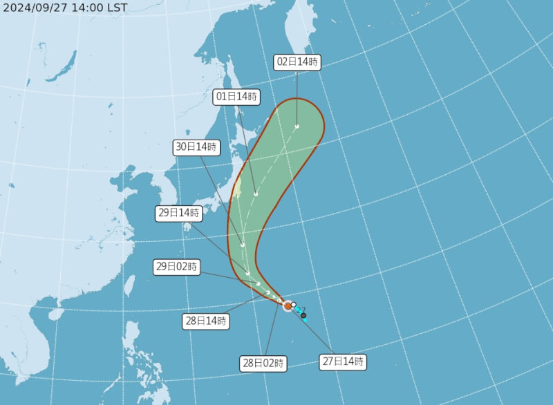 颱風燕子27日下午生成，預計朝日本南方海面前進。（圖取自中央氣象署網頁cwa.gov.tw）