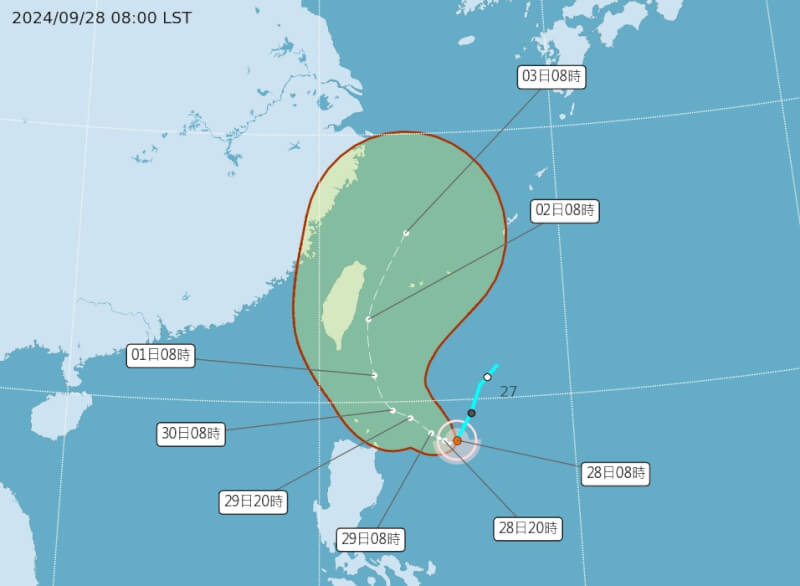 琉球南方海面的熱帶性低氣壓28日上午8時發展為輕度颱風山陀兒，預計未來緩慢偏西後轉西北方向接近台灣東方近海。（圖取自中央氣象署網頁cwa.gov.tw）