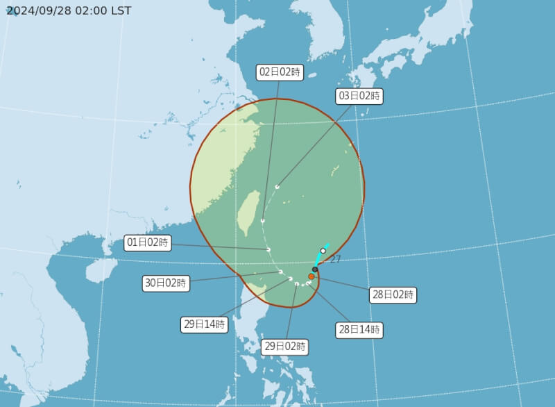 中央氣象署指出，位於台灣東方的熱帶性低氣壓最快27日晚到28日清晨增強為輕度颱風山陀兒。（圖取自中央氣象署網頁cwa.gov.tw）