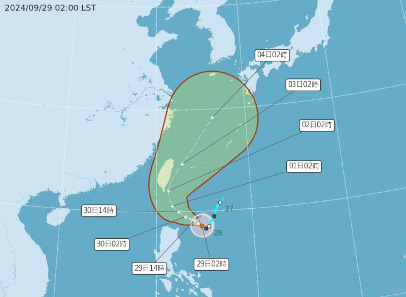 氣象署表示，颱風山陀兒移動速度慢，但強度將快速增強，預計29日就會增強為中度颱風。（圖取自中央氣象署網頁cwa.gov.tw）