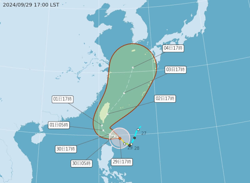 氣象署表示，受颱風外圍環流影響，29日晚間台東、恆春半島、蘭嶼綠島須特別留意強降雨。（圖取自中央氣象署網頁cwa.gov.tw）