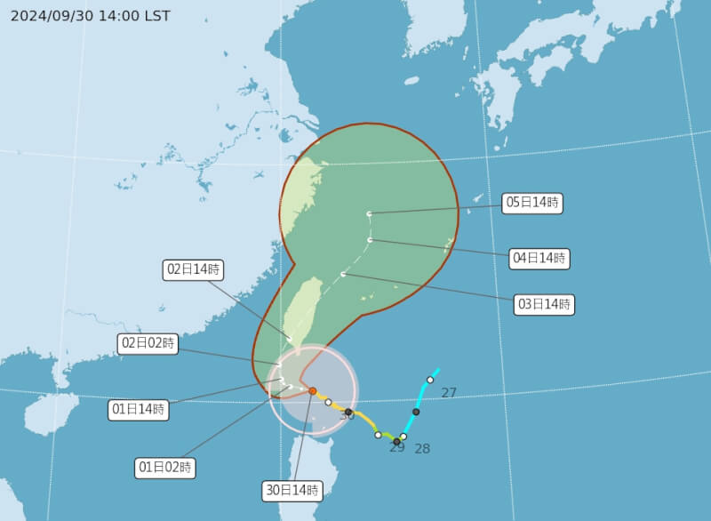颱風路徑預測。(圖取自氣象署網頁cwa.gov.tw)