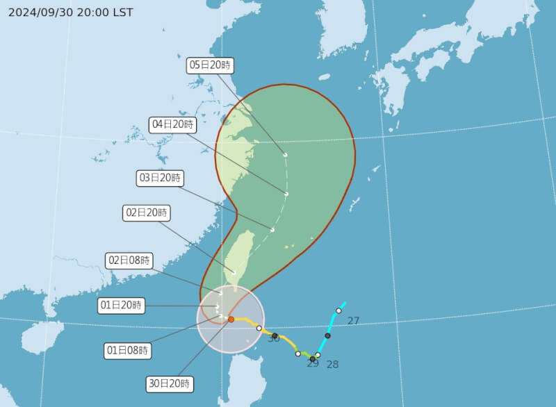 氣象署預估，颱風山陀兒2日在南端陸地登陸。（圖取自中央氣象署網頁cwa.gov.tw）