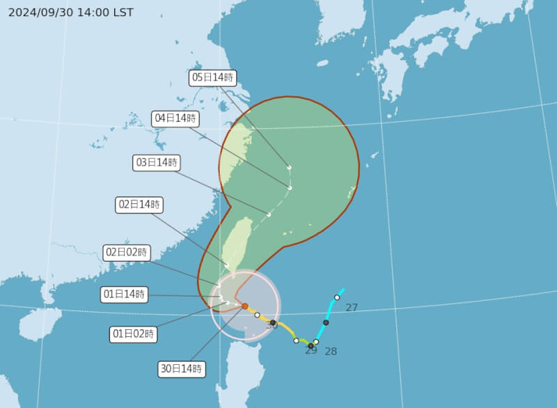 氣象署預估，颱風山陀兒2日在南端陸地登陸。（圖取自中央氣象署網頁cwa.gov.tw）