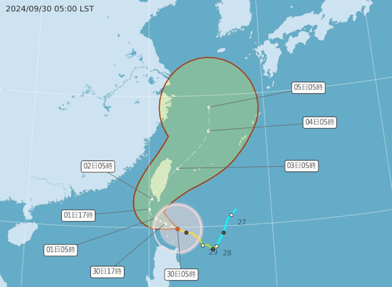 氣象署30日凌晨發布山陀兒海上陸上颱風警報。（圖取自中央氣象署網頁cwa.gov.tw）