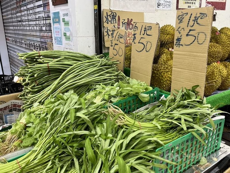 颱風山陀兒逐步逼近，台北果菜批發市場1日整體蔬菜交易均價每公斤新台幣64.4元創新高，傳統市場空心菜1把新台幣50元。中央社記者楊淑閔攝 113年10月1日