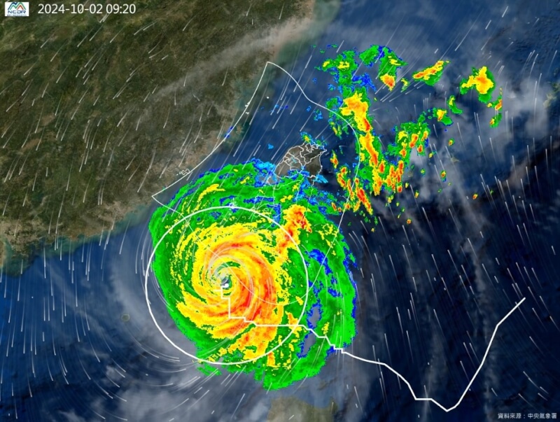 圖為雷達回波及環流圖。（圖取自NCDR天氣與氣候監測網watch.ncdr.nat.gov.tw）