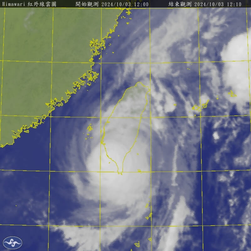中央氣象署表示，3日中午12時颱風山陀兒的中心位置在高雄南南西方10公里海上。圖為中午12時衛星雲圖。（圖取自氣象署網頁cwa.gov.tw）