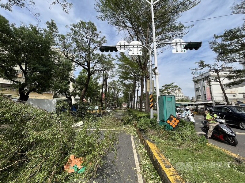 颱風山陀兒重創高雄,4日街道滿目瘡痍,鳳山區五甲一路沿線多處封路,不少路段需繞道而行,市府出動人力清除傾倒路樹,盼盡速恢復市容。中央社記者林巧璉攝 113年10月4日