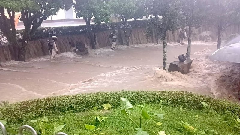 位在新北市金山區的朱銘美術館受4日豪雨影響，園區內嚴重積淹水，館方表示，所有戶外雕塑作品都泡水，損失目前尚無法估計。（朱銘美術館提供）中央社記者魯鋼駿傳真 113年10月4日