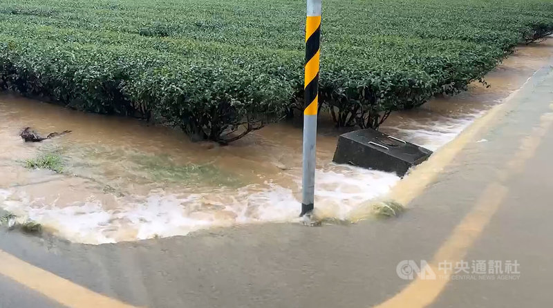 台東區農業改良場5日表示，颱風山陀兒帶來的降雨及強風對台東縣農作物造成損害，呼籲農民盡速復耕、復建，減少損失。圖為2日大雨造成水溝溢流，泥水灌入茶園。中央社記者盧太城台東攝  113年10月5日