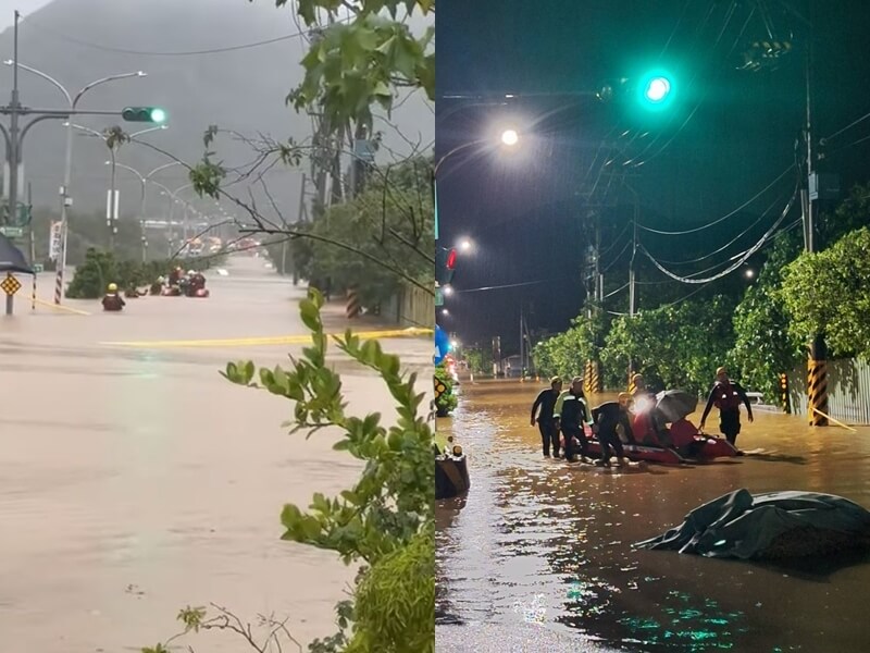 北海岸4日豪雨致災，金山地區幾乎淹水，交通受阻，台大醫護搭乘橡皮艇到金山分院交接班。（圖取自小蔡醫師健康樂活事務所臉書facebook.com）