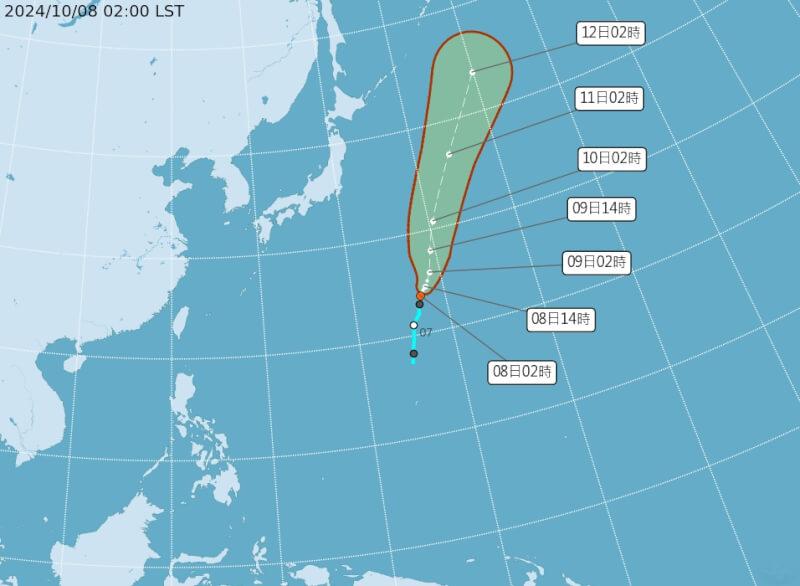 日本東南方海面熱帶性低氣壓,8日將發展成颱風百里嘉,對台無影響。(圖取自中央氣象署網頁cwa.gov.tw)