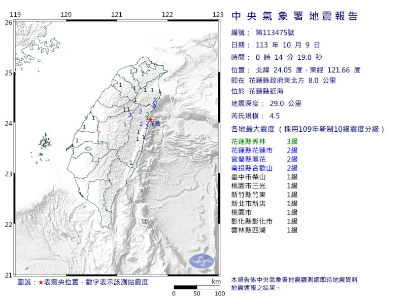 花蓮縣近海（星號處）9日發生芮氏規模4.5地震。（圖取自中央氣象署網頁cwa.gov.tw）