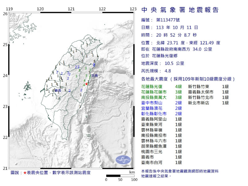 花蓮縣光復鄉11日晚間發生規模4.8地震。（圖取自氣象署網頁cwa.gov.tw）