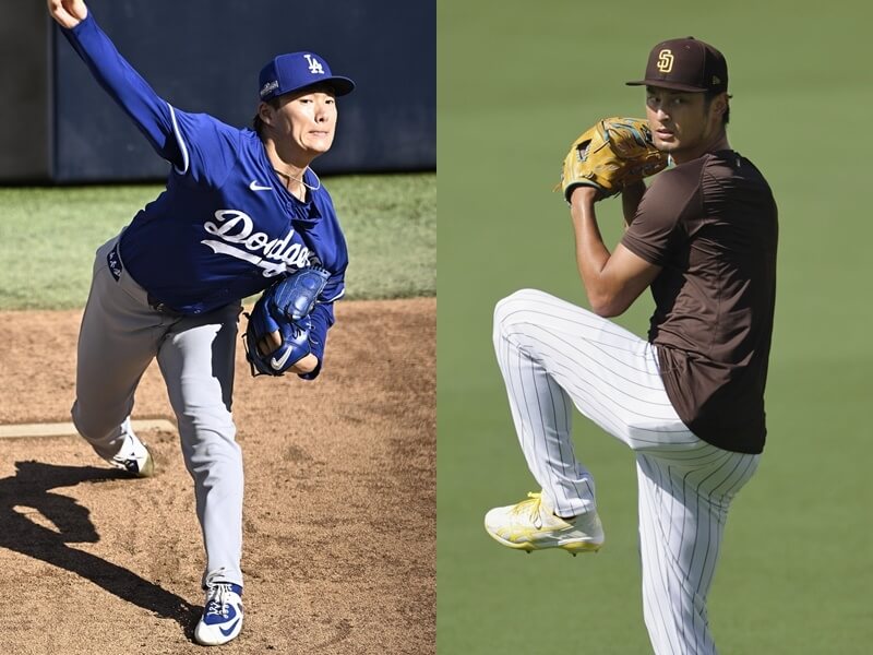 MLB季後賽國聯分區系列賽道奇與教士關鍵第5戰，先發投手是山本由伸（左）對決達比修有（右）。（共同社）