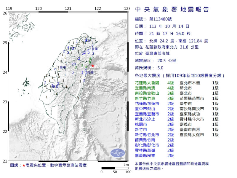 東部海域14日晚間9時17分發生芮氏規模5地震。（圖取自中央氣象署網頁cwa.gov.tw）