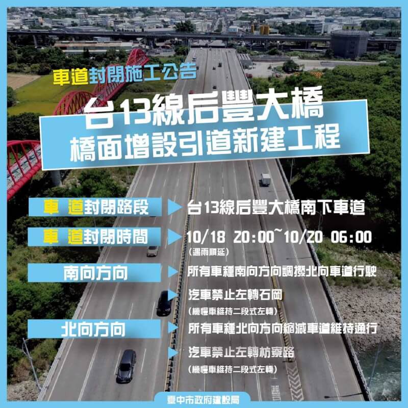 台中市后豐大橋引道工程正在施工中，建設局15日公告，18日晚間8時起到20日上午6時將因應工程實施調撥車道，所有車種南向方向調撥北向車道行駛。（台中市政府提供）中央社記者郝雪卿傳真 113年10月15日