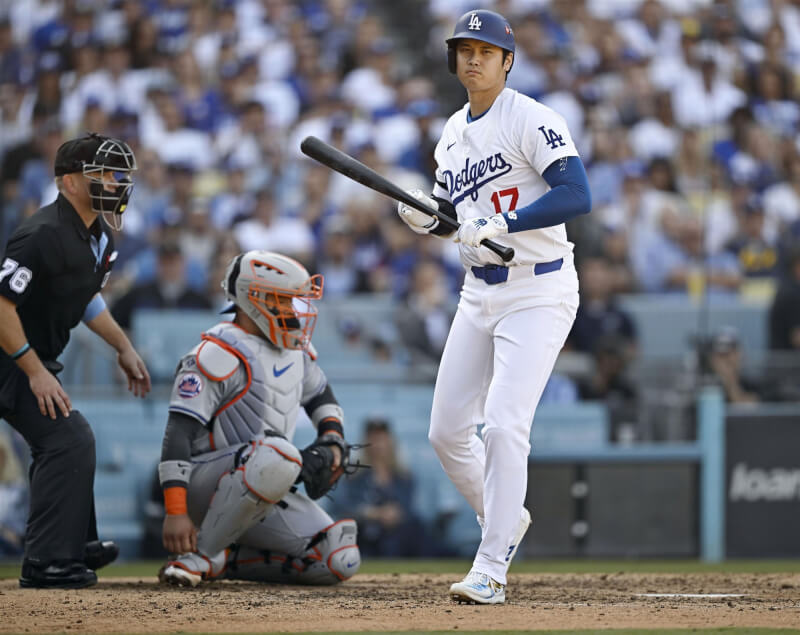 道奇球星大谷翔平14日在和大都會的比賽中遭封鎖,吞2K。 (共同社)