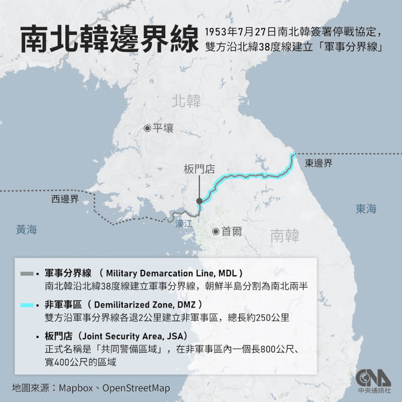 南北韓沿北緯38度線建立軍事分界線。（中央社製圖）