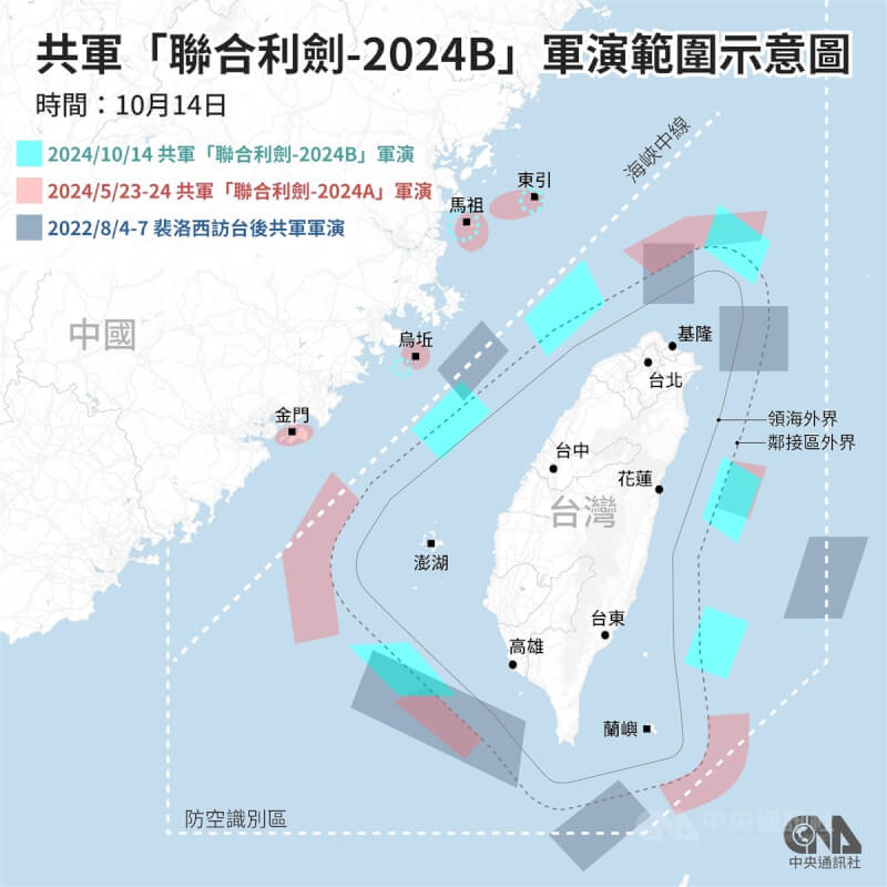 中共14日在台灣海峽、台灣北部及南部、東部展開「聯合利劍-2024B」軍演，並標示出台灣本島基隆、台北、花蓮、台中、台東、高雄，以及離島馬祖、東引、烏坵。中央社製圖 113年10月14日