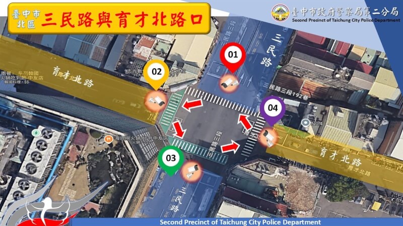 台中市警察局16日宣布，將在北區三民路與育才北路口首推「車輛不停讓行人」科技執法，預計12月1日正式上路。圖為科技執法設置點示意圖。（警方提供）中央社記者郝雪卿傳真 113年10月16日