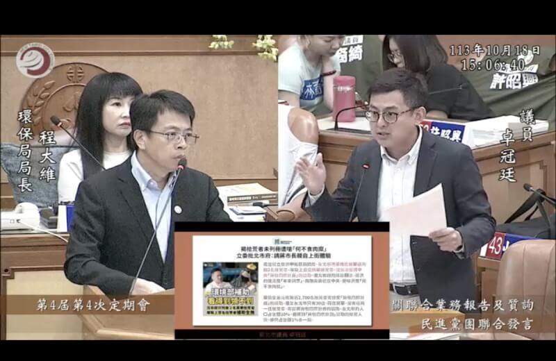 新北市議會18日進行業務質詢，民進黨市議員卓冠廷（前右）指出，雙北拾荒者造冊成效在6都雙雙墊底。環保局長程大維（前左）允諾，願意在2週內針對拾荒者處境與資收關懷計畫推動的困難，提出精進改善報告。（卓冠廷提供）中央社記者高華謙傳真 113年10月18日