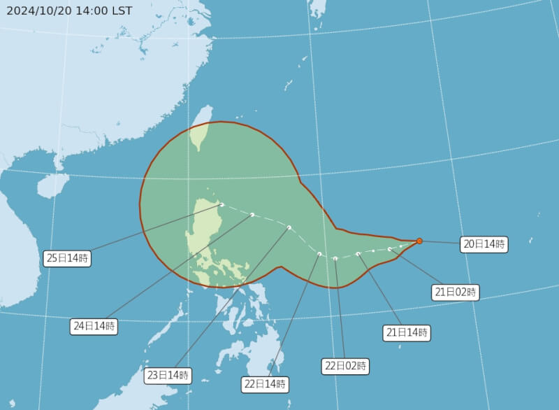 位於關島西方海面的熱帶性低氣壓可能生成今年第20號颱風「潭美」。（圖取自氣象署網頁cwa.gov.tw）