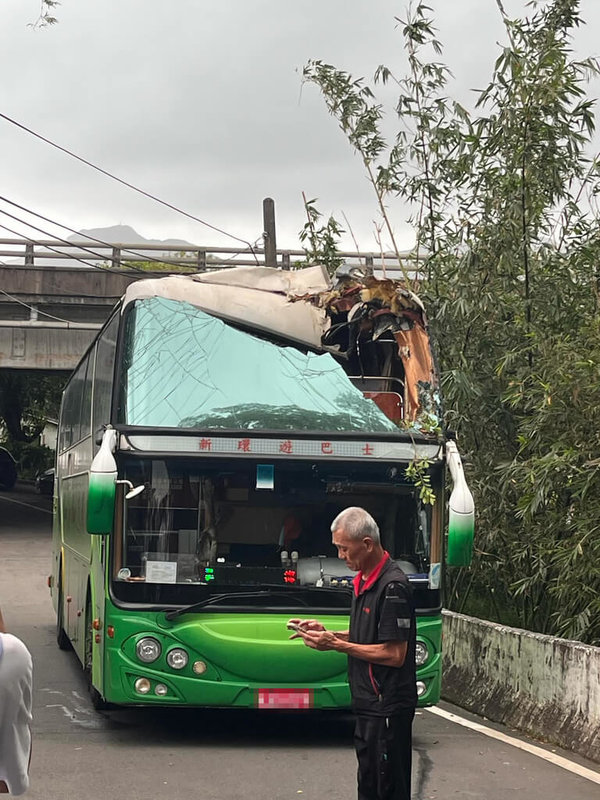 海洋大學20日舉辦鄉野調查戶外教學，搭載學生的遊覽車行經新北市貢寮區復興街時，撞上突出的路樹，擋風玻璃破了大洞，樹枝還插進車內，造成一名女學生擦傷。（海洋大學學生陳冠佑提供）中央社記者王朝鈺傳真  113年10月21日