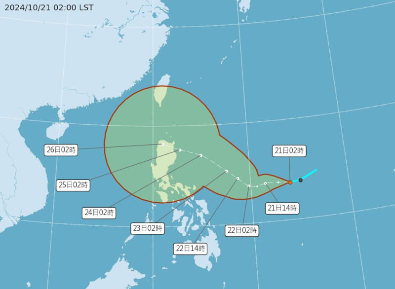 位於關島西方海面的熱帶性低氣壓可能生成今年第20號颱風「潭美」。(圖取自中央氣象署網頁cwa.gov.tw)