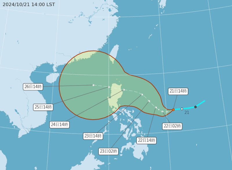 中央氣象署預報員曾昭誠表示，位於菲律賓東方海面的熱帶性低氣壓仍在整合中，預估21日晚至22日晨有機會增強為颱風「潭美」。（圖取自中央氣象署網頁cwa.gov.tw）