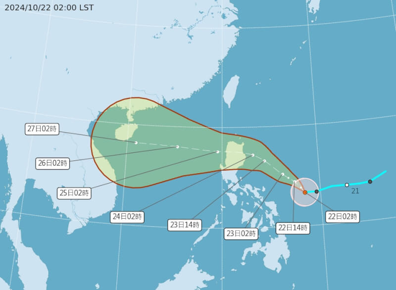 氣象署22日上午2時發布颱風潭美潛勢預報。（圖取自氣象署網頁cwa.gov.tw）