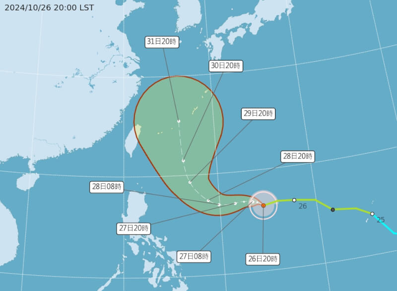 颱風康芮預估將逐漸北轉。（圖取自氣象署網頁cwa.gov.tw）