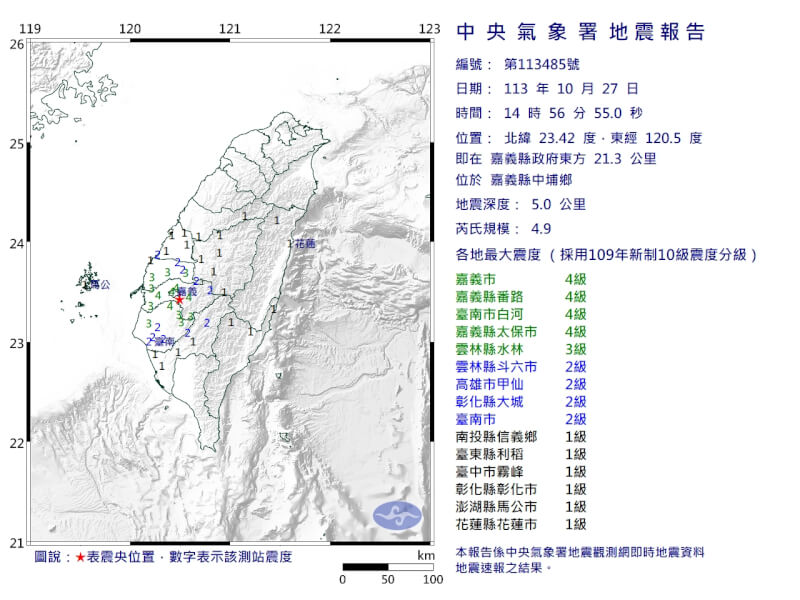 嘉義27日下午2時56分發生芮氏規模4.9地震。（圖取自氣象署網頁cwa.gov.tw）