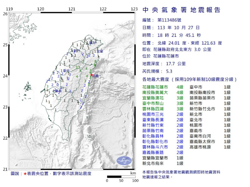 花蓮27日晚間6時21分發生芮氏規模5.3地震。（圖取自中央氣象署網頁cwa.gov.tw）