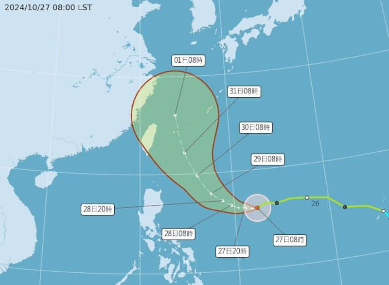 圖為颱風康芮27日上午8時預估路徑。（圖取自氣象署網頁cwa.gov.tw）