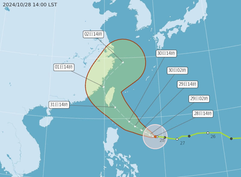 颱風康芮路徑潛勢預報。（圖取自中央氣象署網頁cwa.gov.tw）