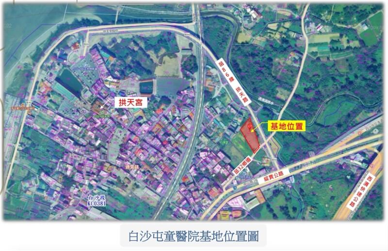苗栗縣長鍾東錦29日指出,白沙屯拱天宮與童綜合醫院擬攜手在通霄鎮籌設白沙屯童醫院,已獲縣內醫審會許可,可助大幅提升苗栗海線地區醫療資源量能。圖為白沙屯童醫院基地位置空照示意圖。(苗栗縣政府提供)中央社記者管瑞平傳真 113年10月29日